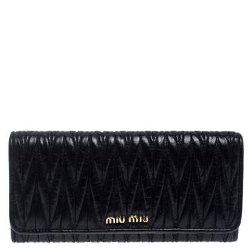 Pre Owned Miu Miu Black Matelassé Leather Flap Continental Wallet