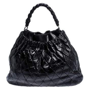 Pre Owned Miu Miu Black Glazed Quilted Leather Large Harlequin Hobo