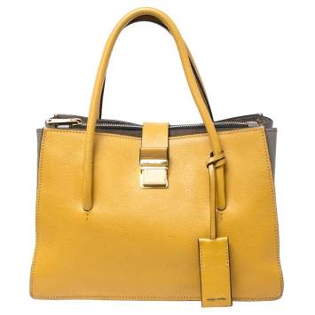 Pre Owned Miu Miu Mustard Madras Leather Push Lock Tote