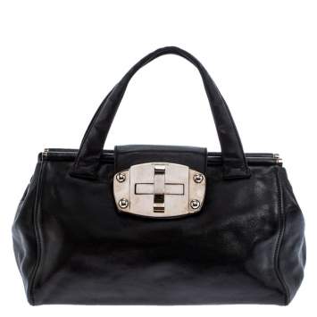 Pre Owned Miu Miu Black Leather Turnlock Tote