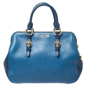 Pre Owned Miu Miu Blue Leather Madras Bowler Bag