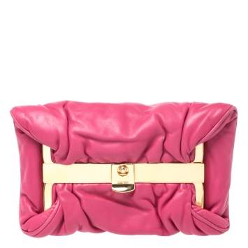 Pre Owned Miu Miu Peonia Pink Nappa Leather Gold Frame Clutch