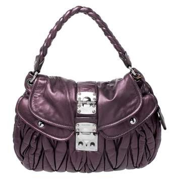 Pre Owned Miu Miu Metallic Purple Matelasse Lux Leather Coffer Hobo