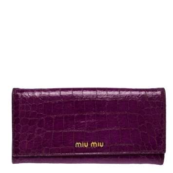 Pre Owned Miu Miu Purple Croc Embossed Patent Leather Flap Continental Wallet