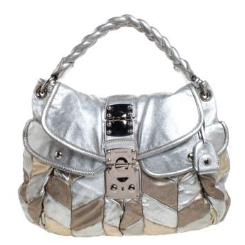 Pre Owned Miu Miu Metallic Silver/Gold Leather Patchwork Coffer Hobo