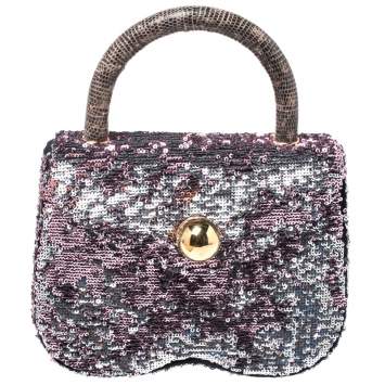 Pre Owned Miu Miu Pink/Silver Sequins and Lizard Round Metal Flap Top Handle Bag