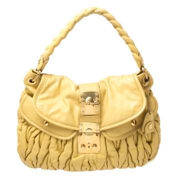 Pre Owned Miu Miu Yellow Matelassé Leather Coffer Hobo