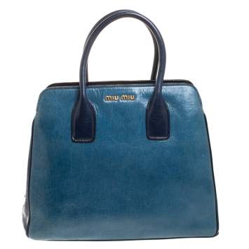 Pre Owned Miu Miu Blue Crackled Leather Zip Satchel