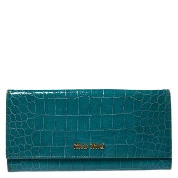 Pre Owned Miu Miu Turquoise Croc Embossed Patent Leather Flap Continental Wallet