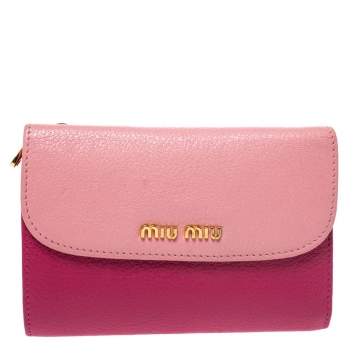 Pre Owned Miu Miu Two Tone Pink Leather Madras Compact Wallet