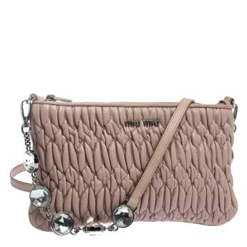 Pre Owned Miu Miu Nude Beige Metalasse Leather Crystal Crossbody Bag