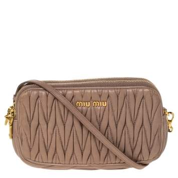 Pre Owned Miu Miu Nude Beige Matelasse Leather Double Zip Crossbody Bag