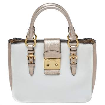 Pre Owned Miu Miu White/Metallic Peach Leather Madras Tote