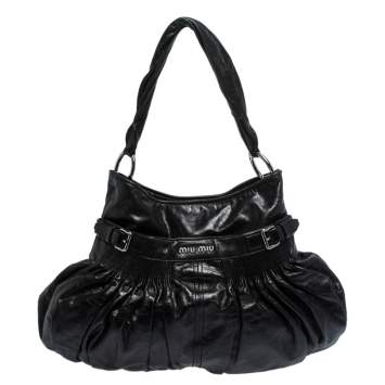 Pre Owned Miu Miu Black Pleated Leather Buckle Hobo