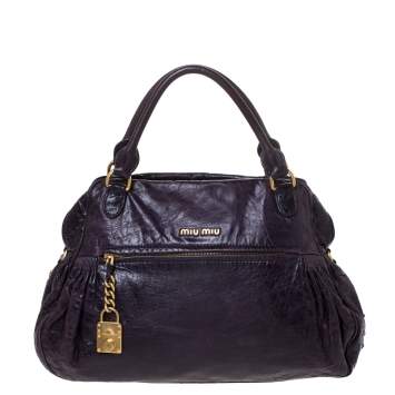 Pre Owned Miu Miu Dark Plum Leather Lily Distressed Satchel