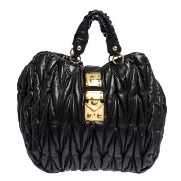 Pre Owned Miu Miu Black Matelasse Leather Hobo