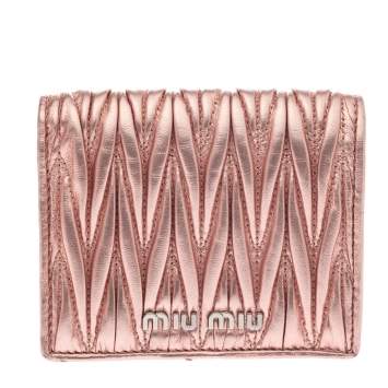 Pre Owned Miu Miu Metallic Peach Matelasse Leather Bifold Compact Wallet