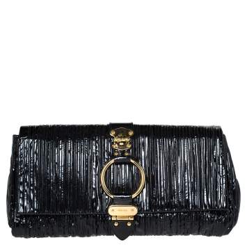 Pre Owned Miu Miu Black Pleated Patent Leather Ring Flap Clutch