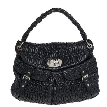 Pre Owned Miu Miu Black Matelasse Leather Turnlock Flap Hobo