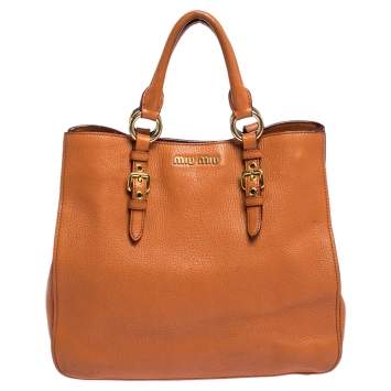 Pre Owned Miu Miu Orange Madras Leather Shopping Tote