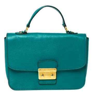 Pre Owned Miu Miu Green Leather Madras Top Handle Bag