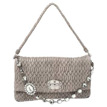 Pre Owned Miu Miu Two Tone Grey Matelassé Leather Crystal Flap Shoulder Bag