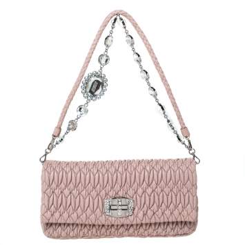 Pre Owned Miu Miu Pink Matelassé Leather Crystal Flap Shoulder Bag