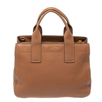 Pre Owned Miu Miu Brown Vitello Leather Zipped Tote