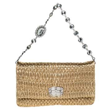 Pre Owned Miu Miu Metallic Gold Matelassé Leather Crystal Flap Shoulder Bag