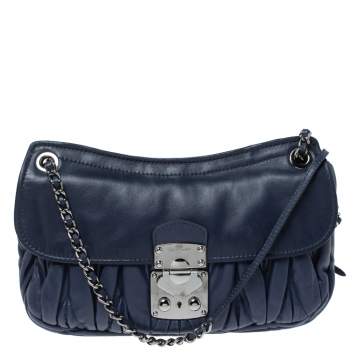 Pre Owned Miu Miu Navy Blue Metalasse Leather Chain Shoulder Bag