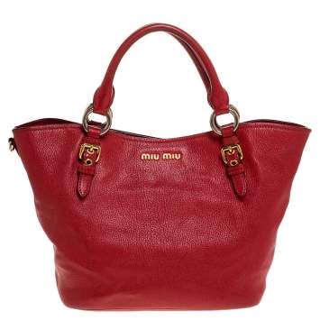 Pre Owned Miu Miu Red Madras Leather Tote 
