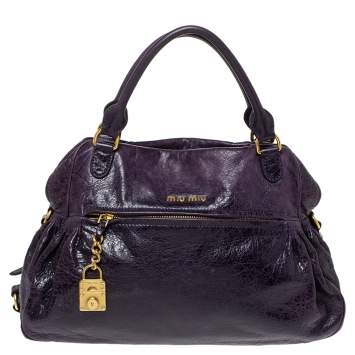 Pre Owned Miu Miu Plum Distressed Leather Charm Satchel