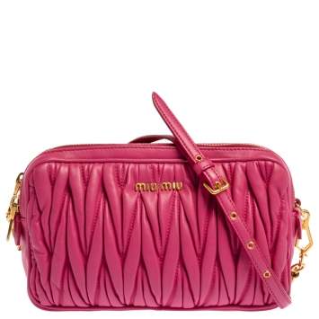Pre Owned Miu Miu Fuchsia Matelasse Leather Double Zip Crossbody Bag