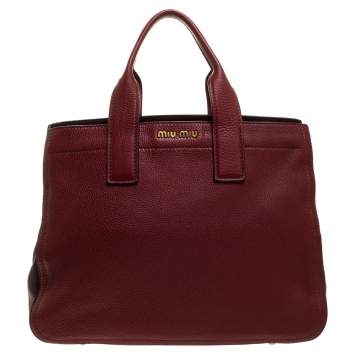 Pre Owned Miu Miu Red/Maroon Vitello Caribu Leather Zipped Tote