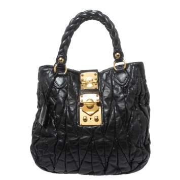 Pre Owned Miu Miu Black Matelassé Leather Aperto Tote