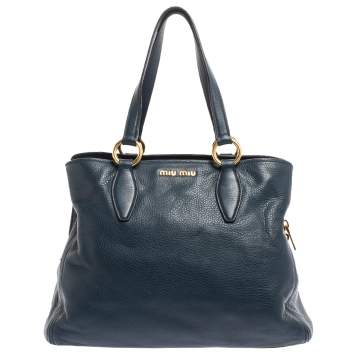 Pre Owned Miu Miu Blue Vitello Diano Leather Middle Zip Tote