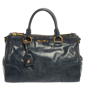 Pre Owned Miu Miu Blue Vitello Shine Leather Double Zip Tote 