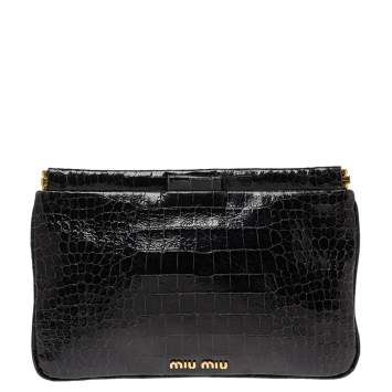 Pre Owned Miu Miu Black Croc Embossed Patent Leather Frame Clutch