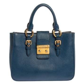 Pre Owned Miu Miu Blue Textured Leather Medium Madras Tote