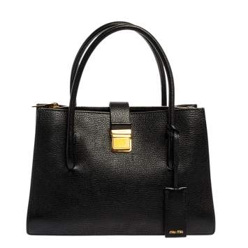 Pre Owned Miu Miu Black Leather Madras Push Lock Tote