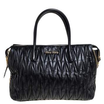 Pre Owned Miu Miu Black Matelasse Leather Zip Satchel 