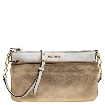 Pre Owned Miu Miu White/Gold Leather Double Zip Crossbody Bag