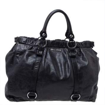 Pre Owned Miu Miu Black Vitello Leather Gathered Tote