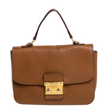 Pre Owned Miu Miu Brown Madras Leather Push Lock Flap Top Handle Bag