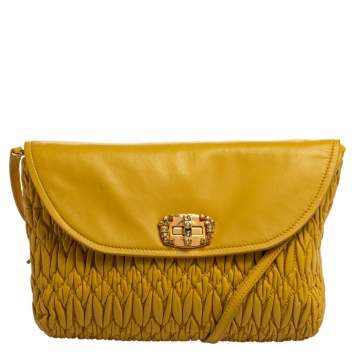 Pre Owned Miu Miu Yellow Matelasse Leather Pochette Bag