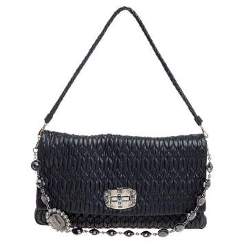 Pre Owned Miu Miu Black Matelassé Nappa Leather Crystal Shoulder Bag