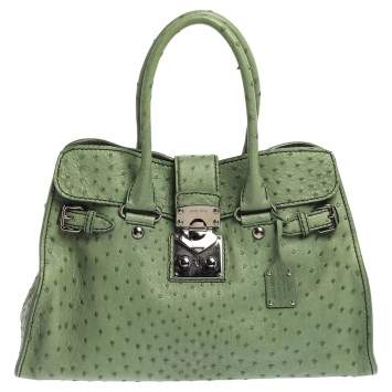 Pre Owned Miu Miu Green Ostrich Turnlock Tote