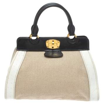 Pre Owned Miu Miu Tri Color Canvas,Leather and Ostrich Turn Lock Top Handle Bag