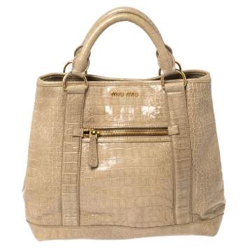Pre Owned Miu Miu Pale Green Croc Embossed Patent Leather Front Zip Tote