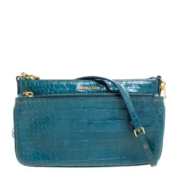 Pre Owned Miu Miu Blue Croc Embossed Leather Crossbody Bag